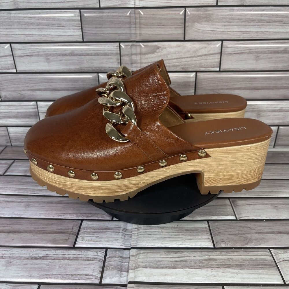 Lisa Vicky Brown Leather Mules with Gold Chain - Picture 4 of 10